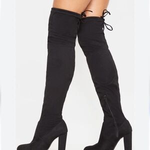 Streetwear Society Thigh High Faux Suede Block Heel Black Boots Size 8NWT.
